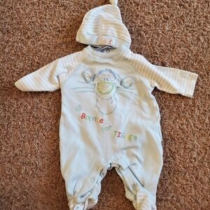 Vintage Disney Tigger Baby sleeper Hat Set 0-3 Months footed Blue Striped Cotton